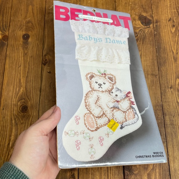 Bernat Counted Cross stitch baby Christmas stocking kit Christmas Buddies - Picture 1 of 4